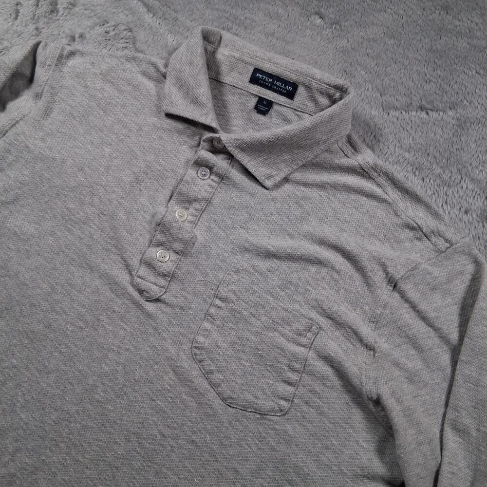 Peter Millar Shirt Mens Medium Gray Solid Cotton Linen Long Sleeve Chest Pocket